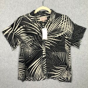 Philosophy Shirt Womens Small Black Button Crop Frayed Raw Hem Palm Aloha Vacay
